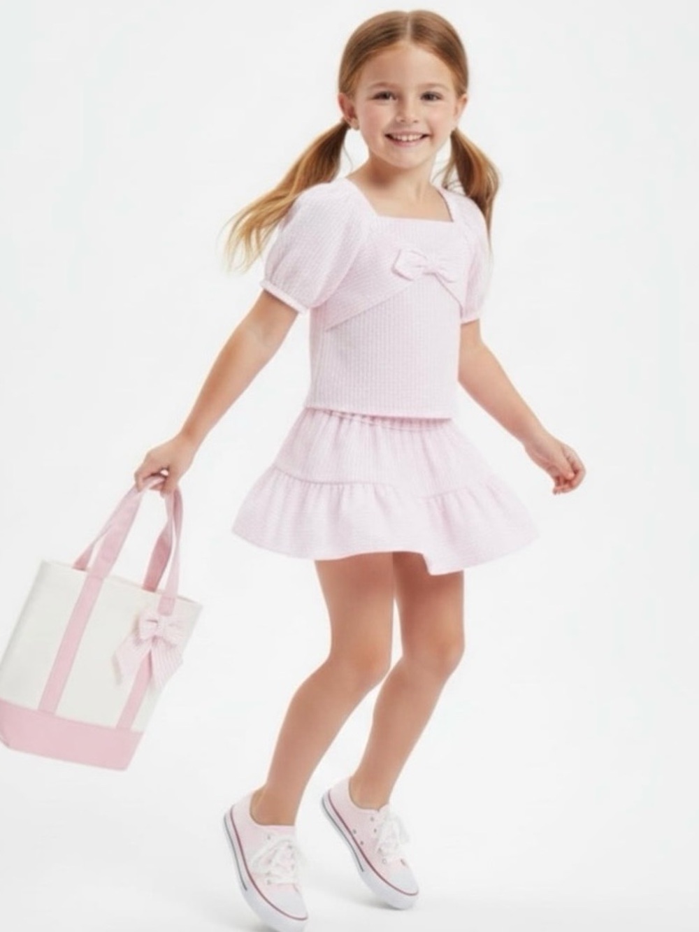 Sperry Light Pink Seersucker Puff Sleeve Top with Bow and Skirt Set